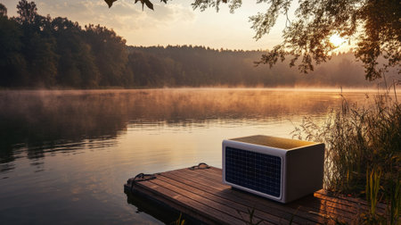 A solar-powered energy box on a dock by a lake, surrounded by nature, highlighting sustainable living in an idyllic, serene outdoor atmosphere.の素材