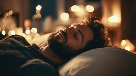 A relaxed man with a beard lies on a pillow in a softly lit room, with ambient lighting and bottles by his side, promoting calm and restful sleep.の素材