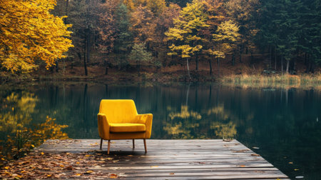 A stylish yellow chair sits on a wooden platform by a tranquil lake, surrounded by autumn foliage and forest trees, creating a peaceful and vibrant outdoor settingの素材