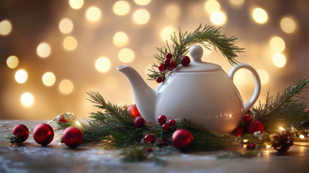 A white teapot, adorned with pine greenery and red ornaments, sits against a holiday background of warm, blurred lights, exuding festive elegance.の素材