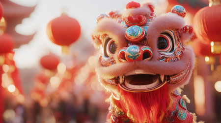 A vibrant lion dance costume with intricate details is set against a festive backdrop, adorned with red lanterns, evoking the spirit of Chinese New Year celebrations.の素材