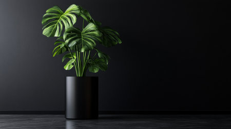 A sleek black planter holds lush green foliage against a dark background, creating a modern and stylish indoor decor aesthetic with clean lines and a minimalist vibe.の素材