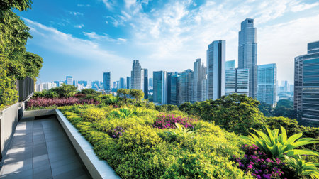 Lush greenery on a rooftop garden, nestled among towering skyscrapers, offers a sustainable, vibrant contrast to the surrounding urban landscape.の素材