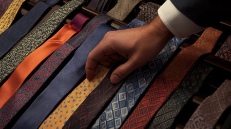 Close-up of a hand choosing from a collection of wedding ties, showcasing different colors and patterns, symbolizing the groom refined fashion taste.の素材