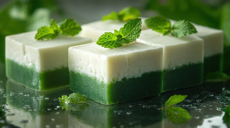 Assorted handmade soap bars in green and white hues, garnished with fresh mint leaves, rest on a reflective surface, creating a clean and natural aesthetic.の素材