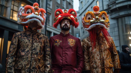 Three performers in detailed lion costumes perform during a festive Chinese New Year celebration, symbolizing cultural heritage and traditional dance.の素材
