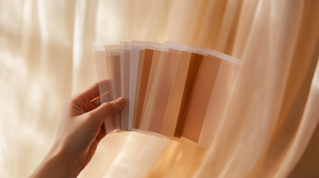 An individual examining color swatches with a focus on a range of skin tones and neutral colors, set against a soft, well-lit background, for a wedding design project.の素材