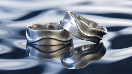 Elegant silver wedding bands placed on a reflective surface, capturing the beauty and symbolism of a lifelong commitment in a timeless design.の素材