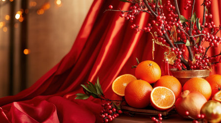 Luxurious red fabric drapes elegantly, accented by fresh oranges, decorative berries, and shimmering gold elements, creating a festive Chinese New Year atmosphere.の素材