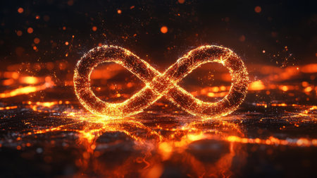 Abstract glowing infinity symbol with floating particles in a virtual cyber environment.の素材
