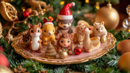 Playfully designed animal-themed desserts sit on a festive platter, surrounded by holiday decor, making the perfect whimsical treat for celebrations.の素材