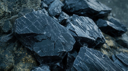 Close-up of rough black tourmaline crystals with sharp textures, set on a natural stone background.の素材