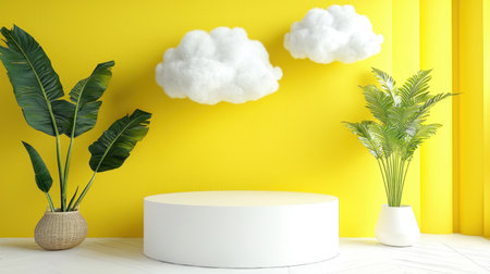 Bright yellow interior with geometric podium setup, white fluffy clouds adding a surreal floating effect.の素材