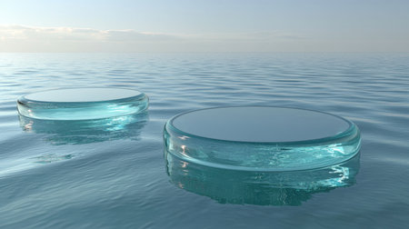 Circular glass podium reflecting soft blue light, set on tranquil water waves, perfect for high-end cosmetic branding.の素材