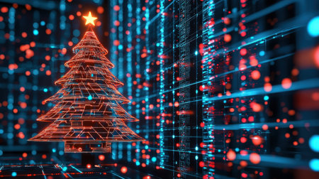 Christmas tree made of digital connections and glowing lights, set in a tech-inspired cyber space.の素材