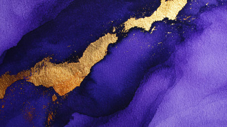 Deep blue abstract watercolor texture with golden metallic veins, exuding artistic sophistication.の素材