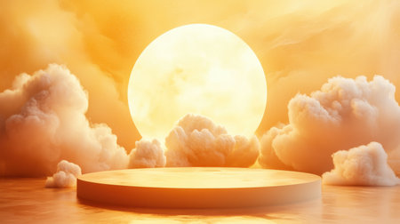 Futuristic abstract yellow stage with floating clouds, round table, and soft glowing ambient light.の素材