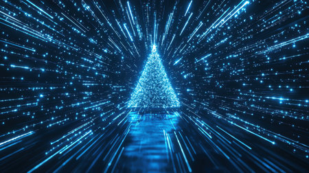 Digital holiday tree with bright blue light trails forming a holographic Christmas tree.の素材