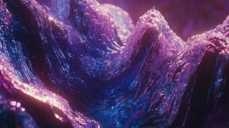 Extreme close-up of glowing metallic waves in blue and purple, reflecting soft light for a high-tech look.の素材