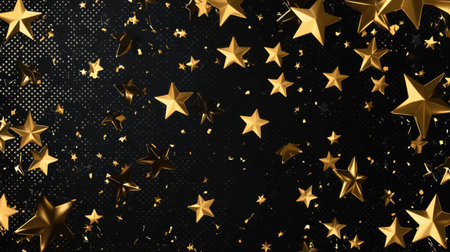 Glossy metallic stars in gold and black, floating against a stylish transparent background.の素材