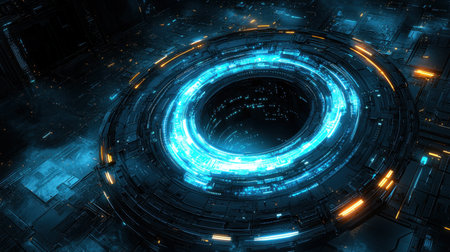 Futuristic digital infinity loop with radiant blue light trails on a dark high-tech background.の素材