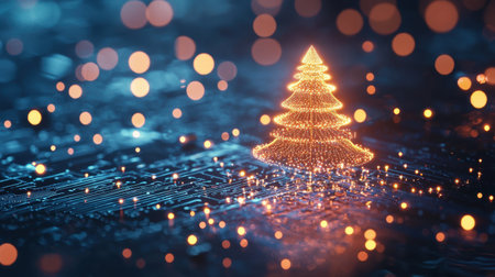 High-tech Christmas tree glowing with digital light effects, set against a cyber blue holiday backdrop.の素材