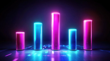 Glowing neon bar graphs rising in a futuristic digital landscape, symbolizing economic success.の素材