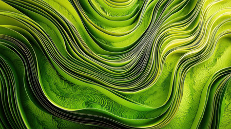 Layered abstract paper-cut design in vibrant green shades, creating a nature-inspired wavy pattern.の素材