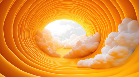 Modern minimalistic 3D yellow background with surreal white clouds softly drifting through an arched tunnel.の素材
