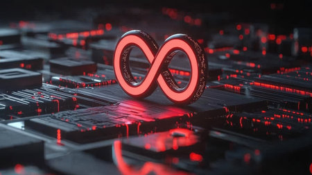 Neon infinity sign emerging from a vortex of digital energy, representing endless innovation.の素材