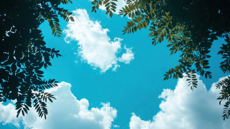 Serene blue sky with soft clouds and a silhouette of leafy tree branches reaching upward, offering tranquil scenery.の素材