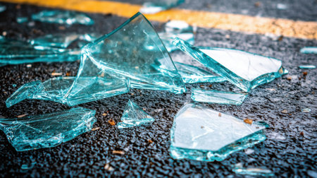 Shattered glass fragments spread across a dark background, with sharp edges reflecting dramatic lighting.の素材