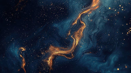 Rich blue acrylic painting with flowing golden accents, creating a luxurious marbled effect.の素材