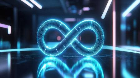 Sci-fi inspired infinity symbol glowing with electric blue neon lines, floating in digital spaceの素材