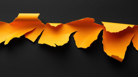 Minimalist keyword research concept featuring textured orange torn paper over black background.の素材