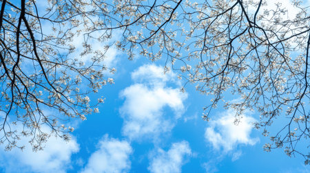 Serene blue sky with soft clouds and a silhouette of leafy tree branches reaching upward, offering tranquil scenery.の素材
