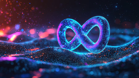 Sci-fi inspired infinity symbol glowing with electric blue neon lines, floating in digital spaceの素材