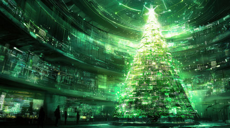 Sci-fi Christmas tree in a cyber-themed digital world, glowing with high-tech neon lights.の素材