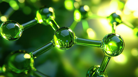 Modern green molecular structure background with blurred neon lights and trellis-like abstract design.の素材