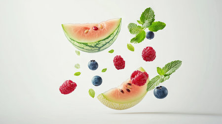 Vibrant floating arrangement of fresh watermelon slices, raspberries, blueberries, and mint leaves. Perfect for health-related and food concepts.の素材