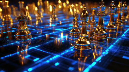 A stunning arrangement of golden chess pieces on a digital board illuminated by blue lights, symbolizing strategy and competition in a modern gaming context.の素材