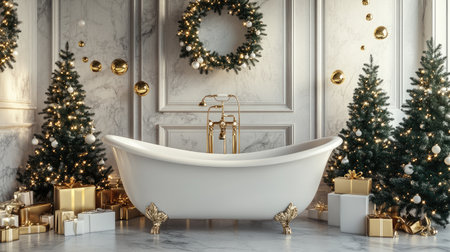 A stunning holiday bathroom featuring a classic bathtub, adorned with festive decorations, golden accents, and sparkling trees, creating a cozy and elegant atmosphere.の素材