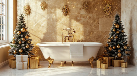 A stunning bathroom scene featuring a vintage tub, decorated with gold accents, surrounded by Christmas trees and gifts, creating a luxurious holiday atmosphere.の素材