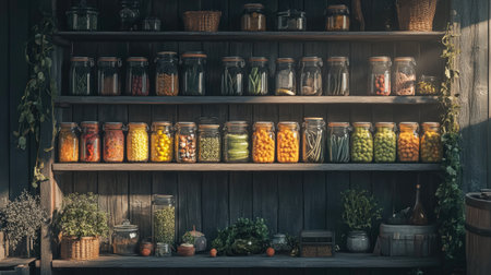 A charming display of colorful preserved vegetables in jars on rustic wooden shelves, perfect for showcasing organic produce and home canning aesthetics.の素材