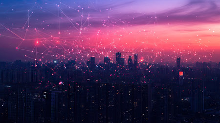A stunning urban skyline at dusk, featuring a digital network overlay that connects the city with vibrant lights and colors, illustrating technology and innovation.の素材