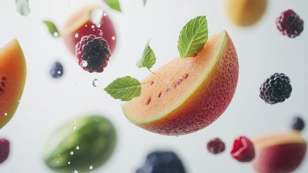 A captivating image of assorted fresh fruits floating in the air, highlighted by drops of water. Perfect for food, health, and lifestyle themes.の素材