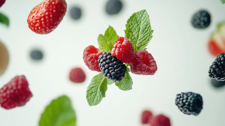 A vibrant arrangement of fresh raspberries, blackberries, and mint leaves on a light background, perfect for healthy food, recipes, and summer-themed projects.の素材