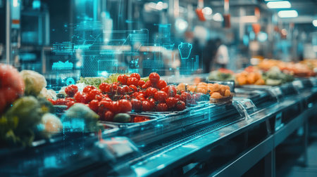 A vibrant display of fresh produce in a market, enhanced by digital technology. This image showcases the integration of innovation and food commerce.の素材