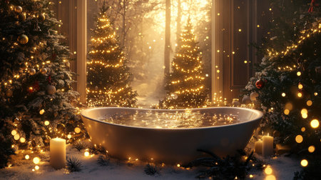 A cozy holiday bath scene surrounded by decorated trees and glowing candles. This tranquil setting evokes warmth and relaxation during winter festivities.の素材