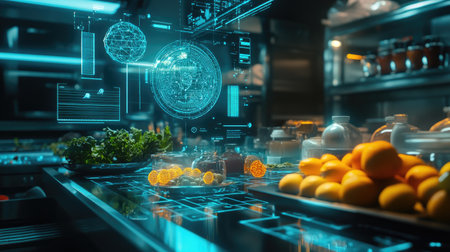 A futuristic kitchen featuring smart technology and fresh ingredients. The digital interface displays various foods on a sleek countertop, showcasing modern culinary innovation.の素材